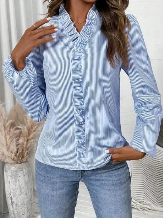 Camisetas Trendsi Shirts - Blusa con volantes a rayas y cuello en V - Calidad Premium