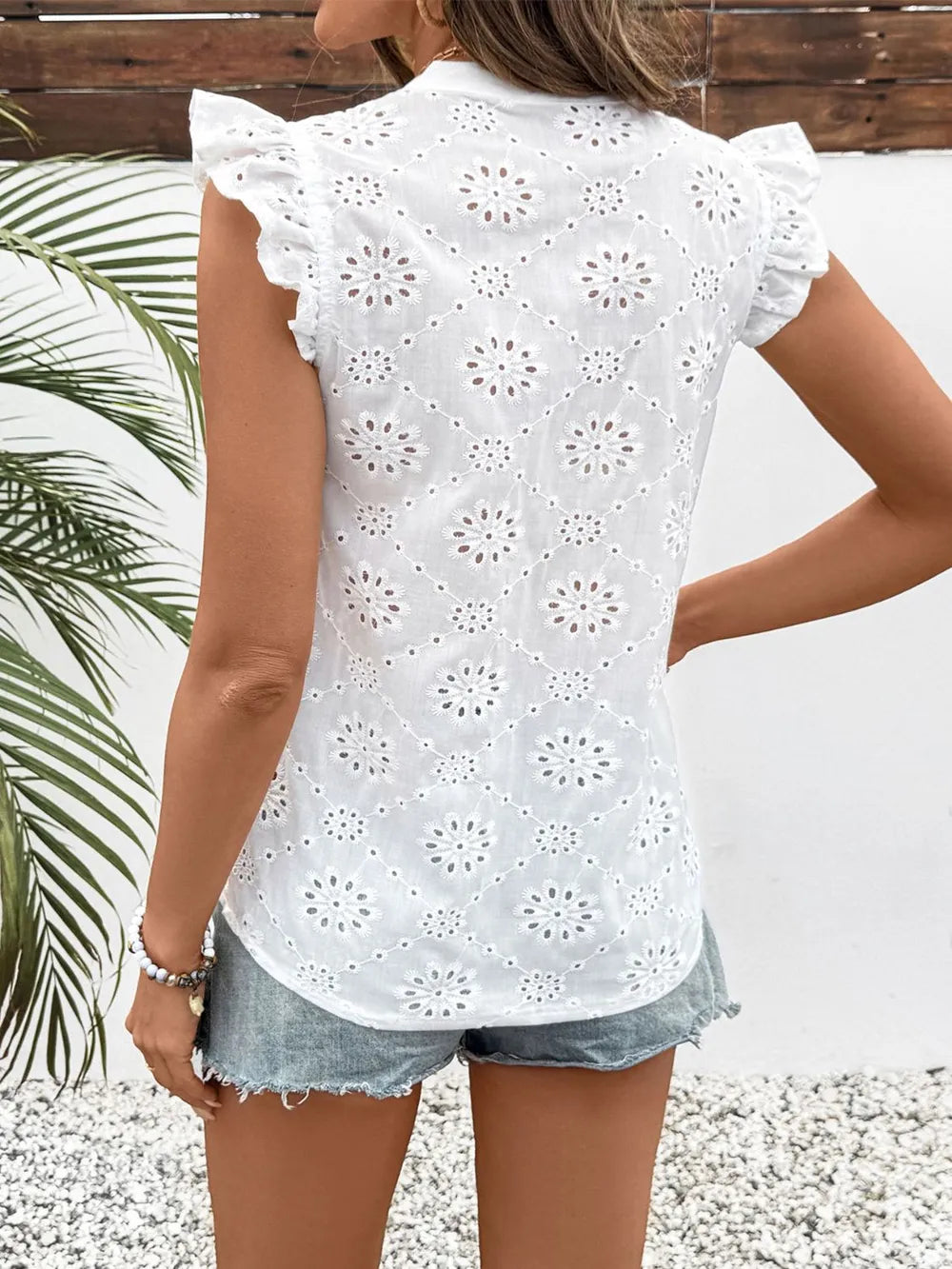 Eyelet Notched Ruffled Cap Sleeve Blouse