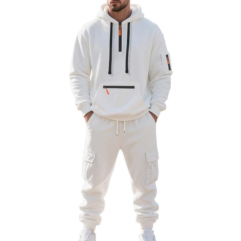 Men's Loose Sports And Leisure Suit Sweater Fleece-lined Hoodie Set Zipper Multi-Pocket Pullover Men's Sports Casual Top Two-piece Set