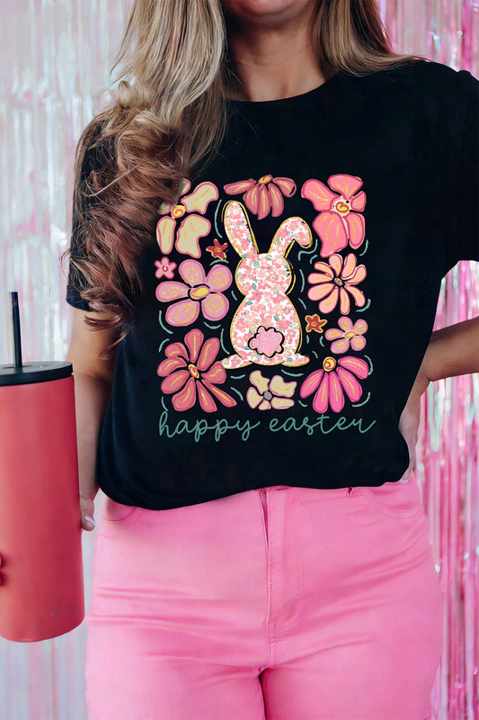 Camiseta casual negra con estampado floral de conejito de Pascua