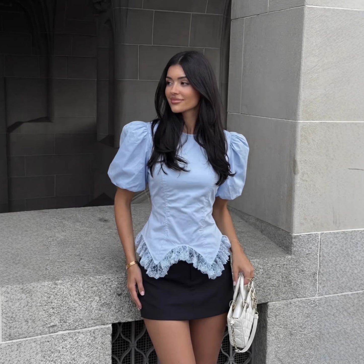 Fashionable Casual Top With Flared Hem And Puff Sleeves