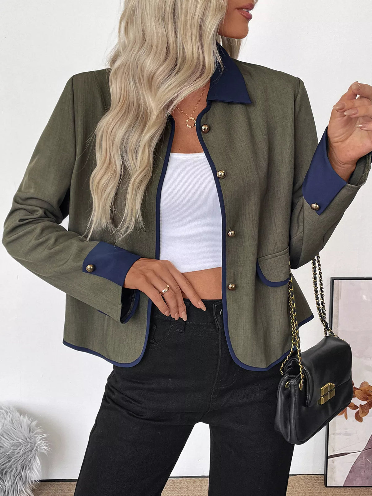 Contrast Trim Button-Up Jacket
