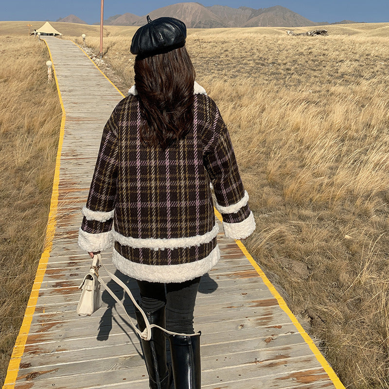 Composite Wheat Ears Thickened Plaid Fur Coat Women