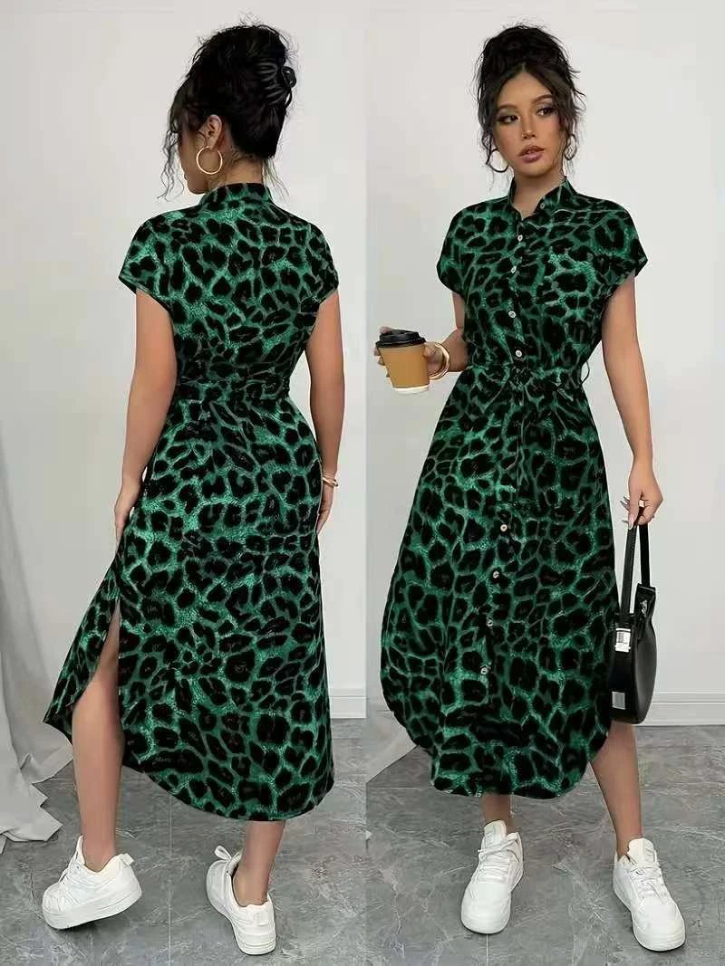 Leopard Print Front Button Shirt Belt Bow Shirt For Women