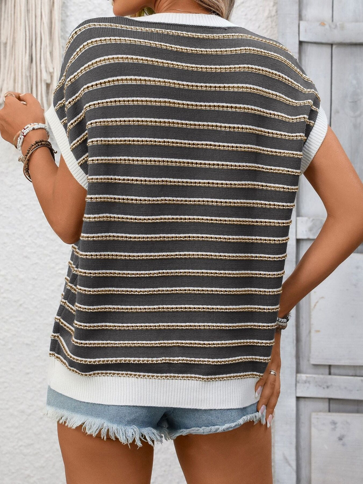 Striped Round Neck Short Sleeve Sweater