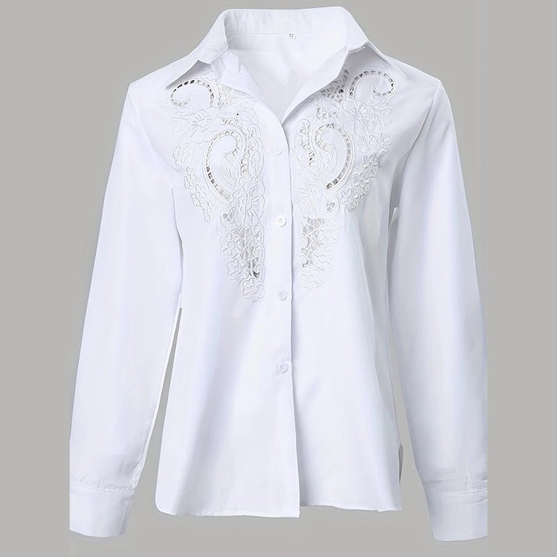 Blusa de mujer de manga larga con botones y encaje en contraste