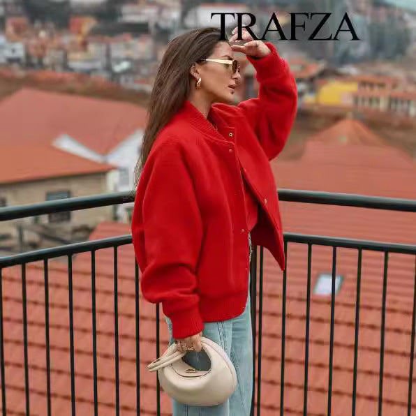 Womens Fashionable Round-Neck Solid-Color Wool Coat