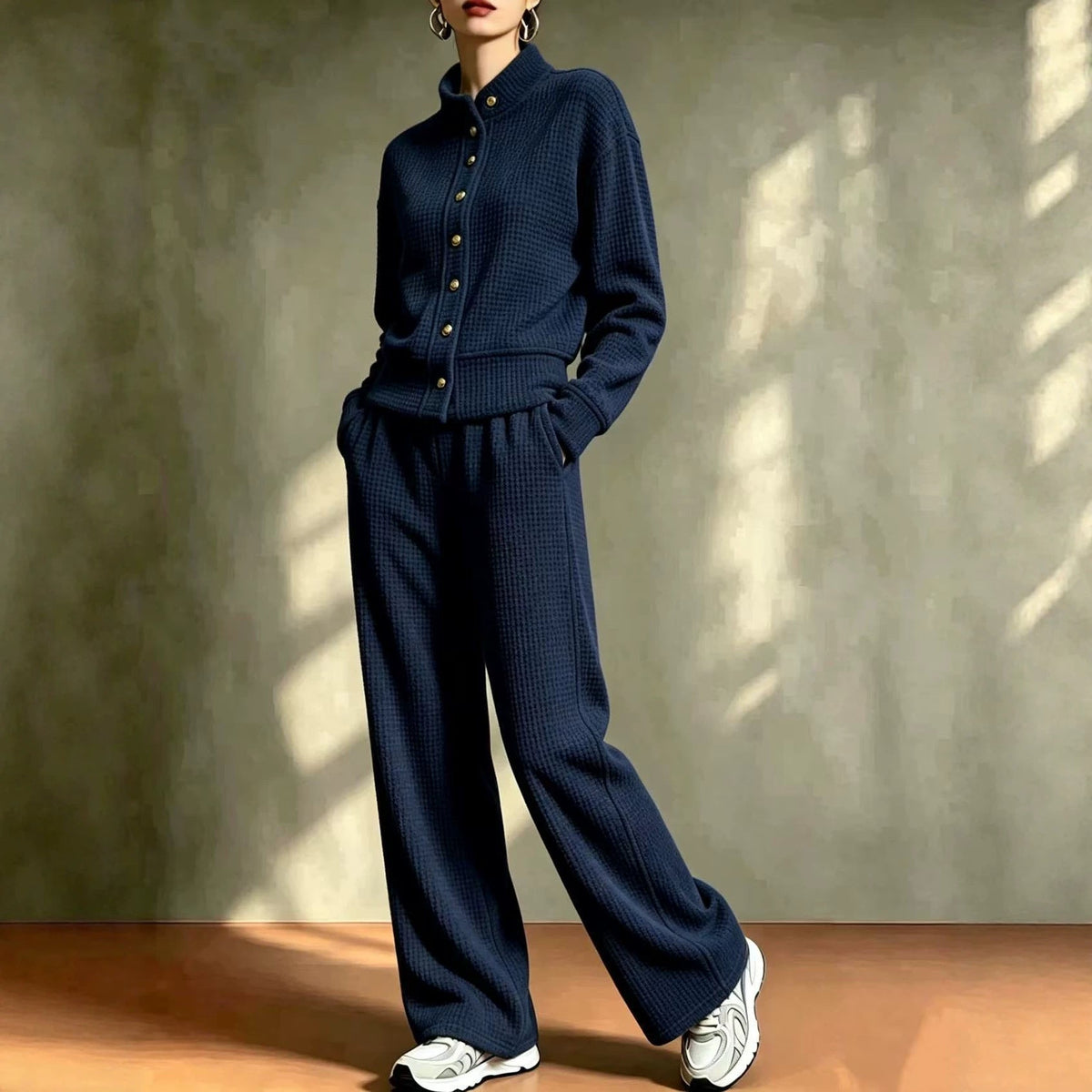 Women's Waffle Stand-Collar Cardigan & Wide-Leg Pants Set
