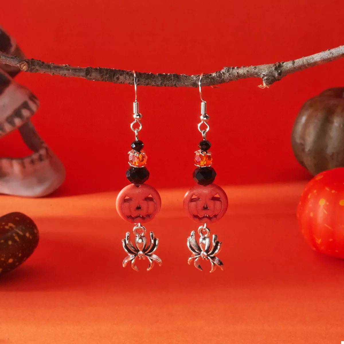 Halloween Spider Pumpkin Drop Earrings
