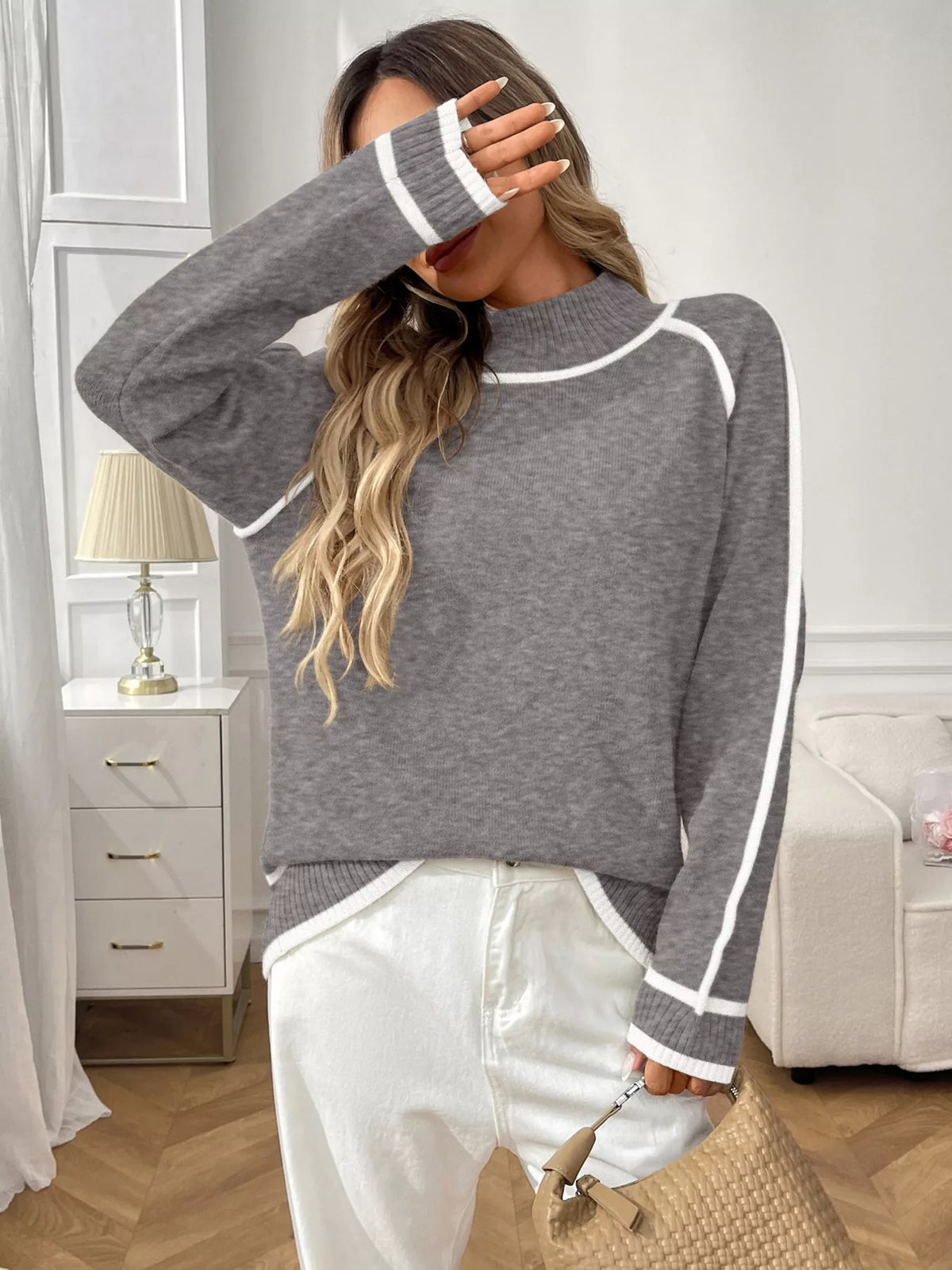 Contrast Trim Turtleneck Long Sleeve Sweater