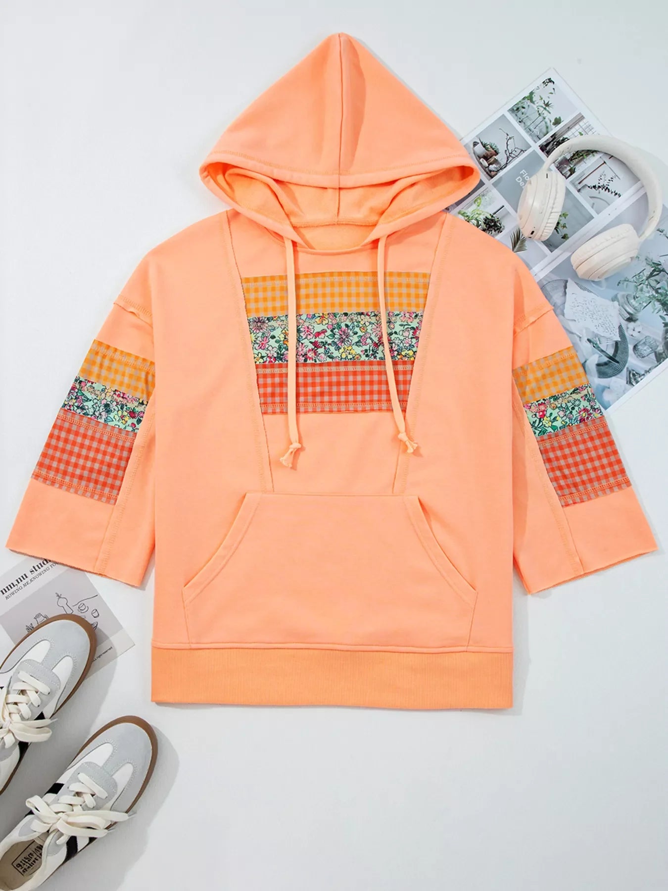 Plaid Floral Patchwork Kangaroo Pocket Hoodie