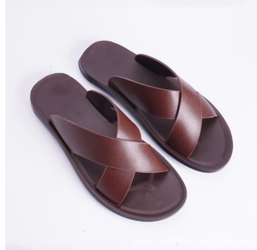 Unisex Cowhide Leather Cross-Strap Sandals