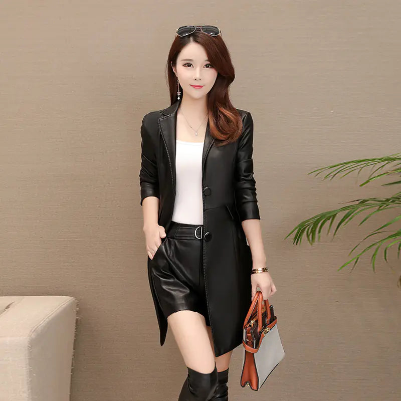 Women's Long PU Leather Jacket for Fall/Winter
