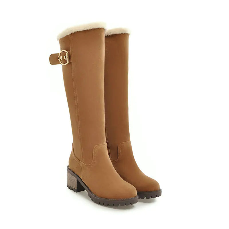 Buckle Embellished Mid-Heel Winter Long Boots
