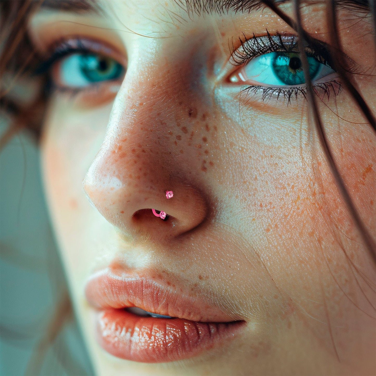 Piercing de nariz con herradura de doble gema rosa - Titanio sólido anodizado