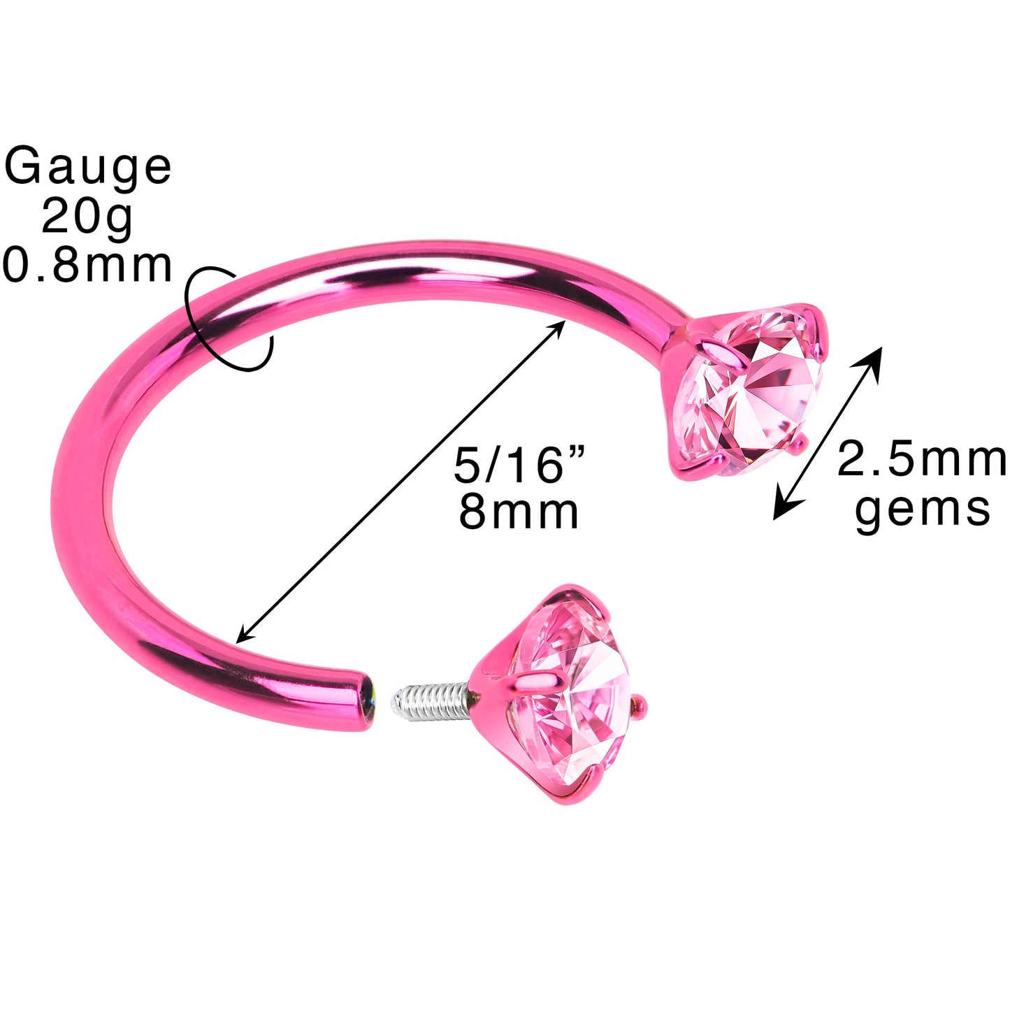 Piercing de nariz con herradura de doble gema rosa - Titanio sólido anodizado