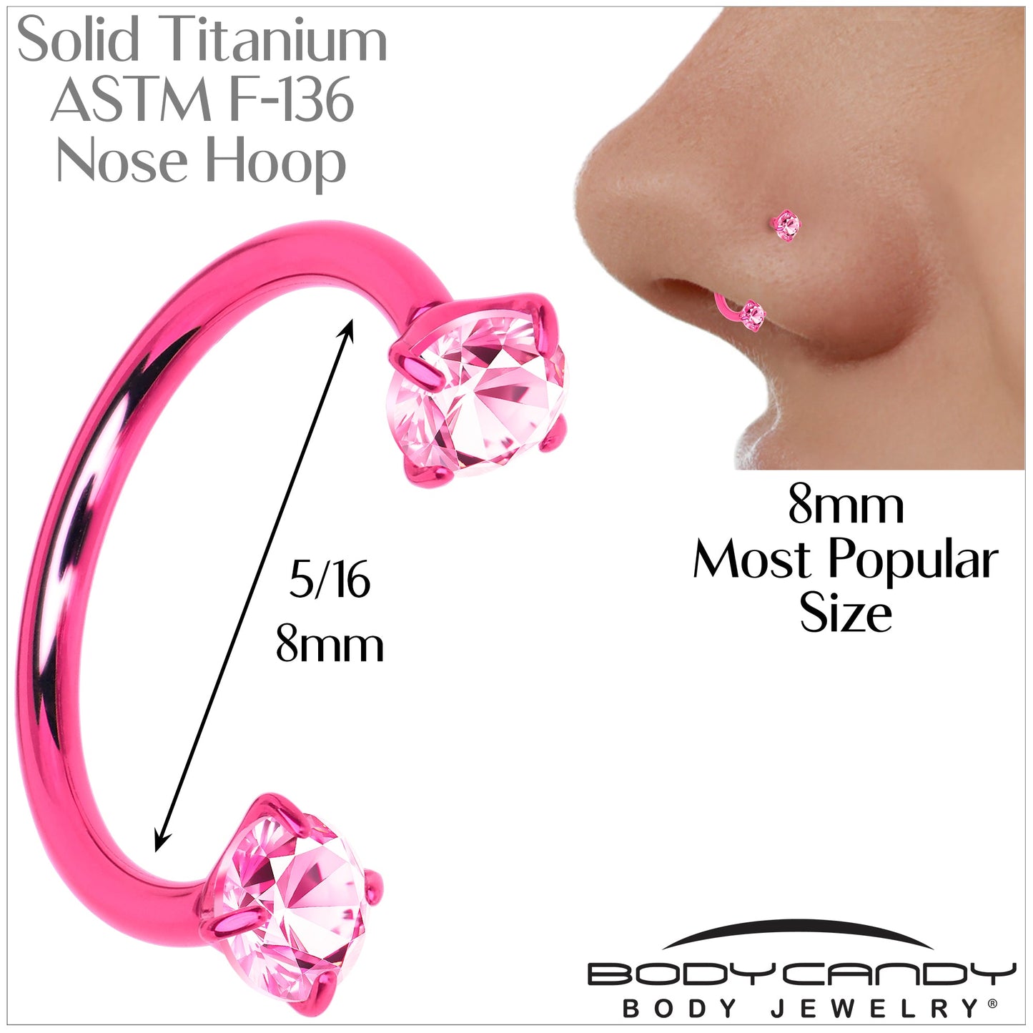 Piercing de nariz con herradura de doble gema rosa - Titanio sólido anodizado