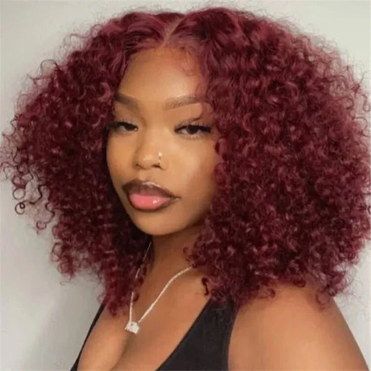 Pelucas rizadas de color 99J, onda de agua profunda, 13x4, con encaje frontal, prearrancadas, rojo burdeos, corte bob corto, peluca frontal de cabello 100% humano, 14 pulgadas