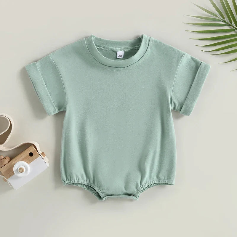 Baby Boy Girl Solid Color Short Sleeve Bubble Romper Oversized T-Shirt
