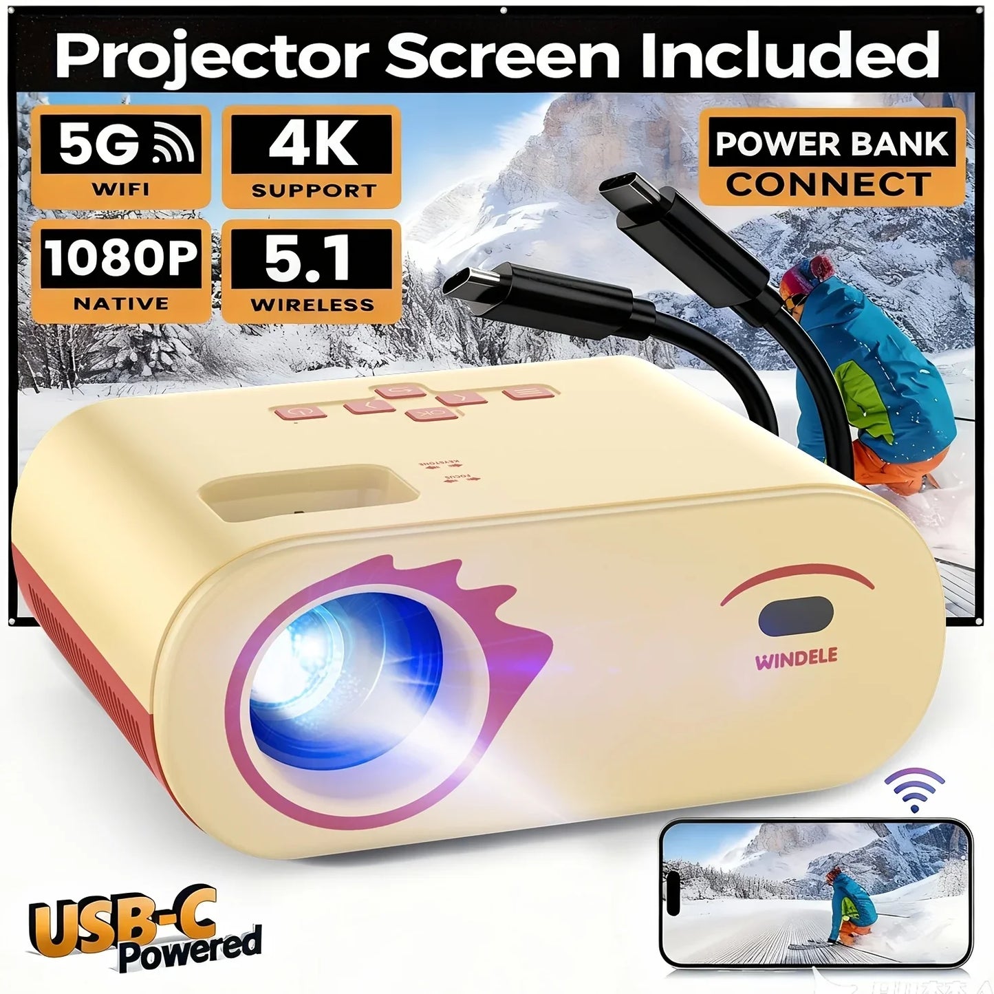 1080p Full HD Portable Projector, Bluetooth Movie Projector with