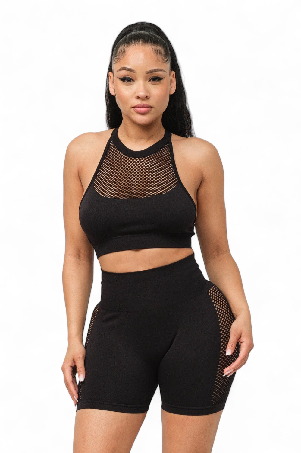 Conjunto de top halter y shorts con contraste de rejilla delantera