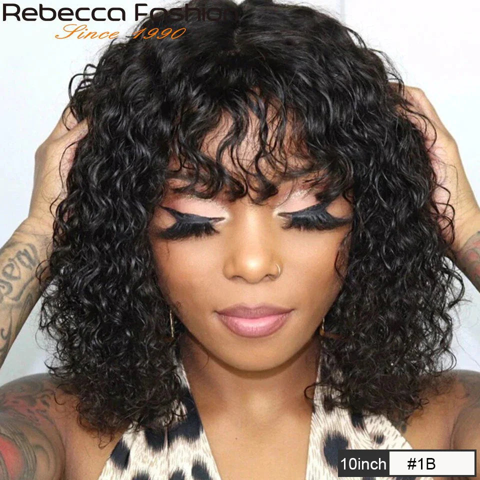 Pelucas de cabello humano Jerry Curly Short Pixie Bob Cut con flequillo, pelucas Remy Curly Bob para mujeres negras, peluca Full Machine Made #1B 1B/99J