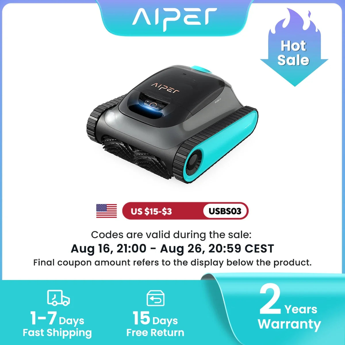 Aiper Scuba S1 Pool Cleaner Robot, Floor, Wall, Waterline, 270-Min
