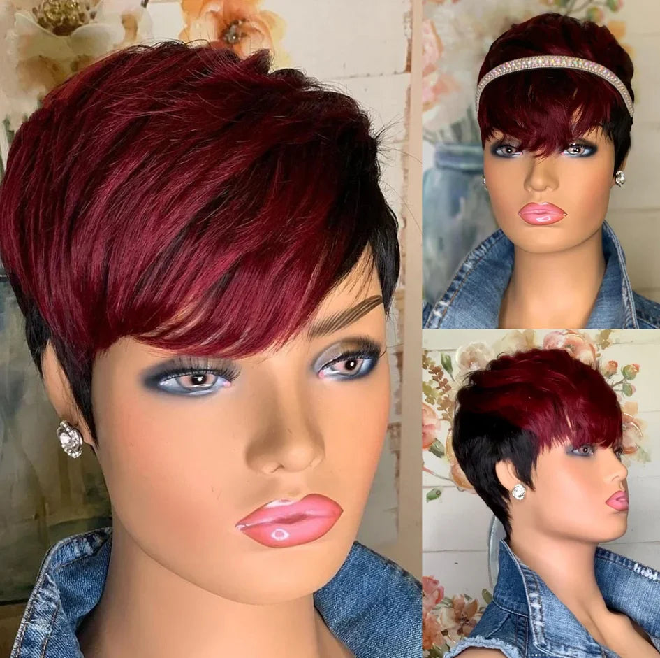 WIGERA Pelucas sintéticas destacadas Corto Liso Pixie Cut Peluca Bob Pelo Dorado Miel Mezcla Negro Cabello para Mujer