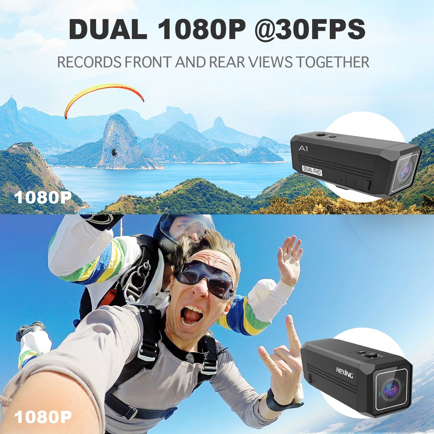 Rexing A1 Cámara de acción bidireccional frontal y trasera 1080p@30fps con conexión Wi-Fi