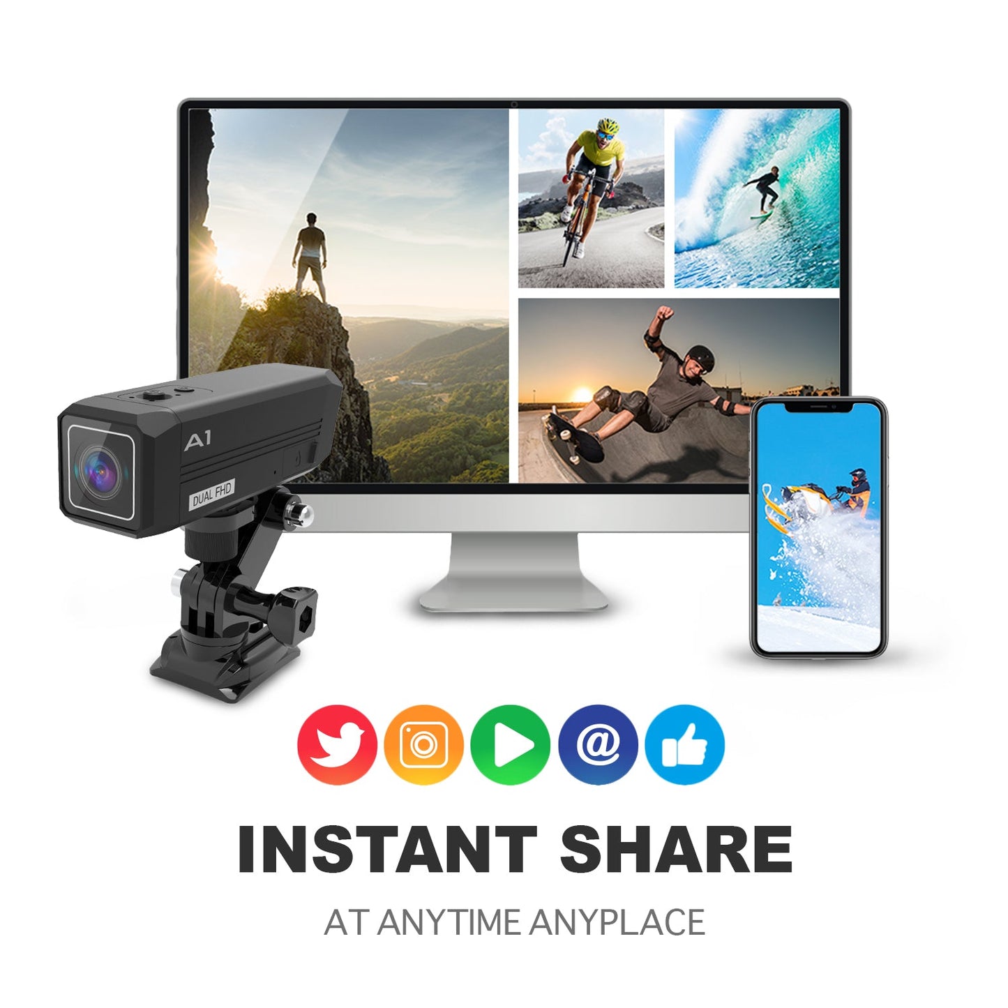 Rexing A1 Cámara de acción bidireccional frontal y trasera 1080p@30fps con conexión Wi-Fi