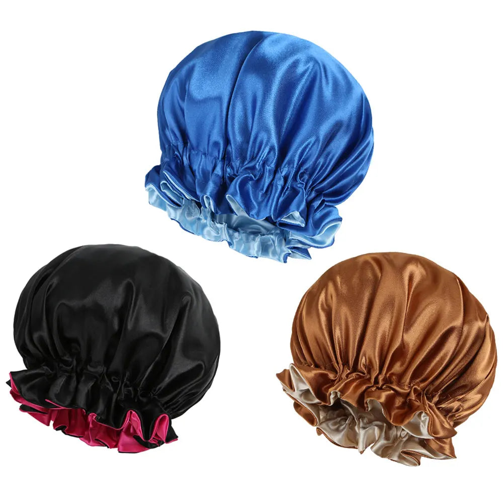 3pcs Reversible Elegant Satin Sleep Bonnets with Ruffled Design, Double Layer Sleeping Caps, Elastic Band, Soft Hair Bonnets for
