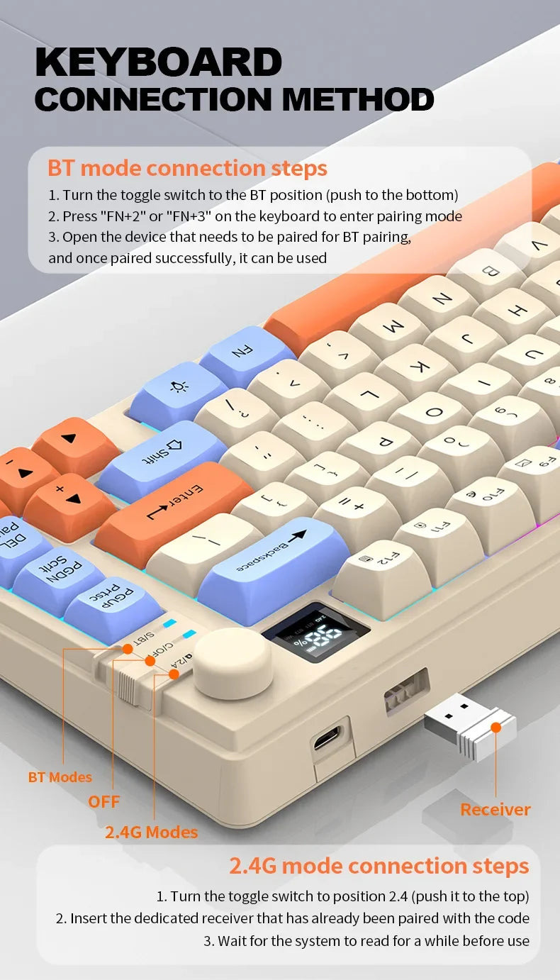 Wireless Keyboard 80 Key 80% Layout Spanish Russian Arabic Korean Keyboard Mouse Set Bluetooth 2.4G 2000mAh Type C K92 Backlight