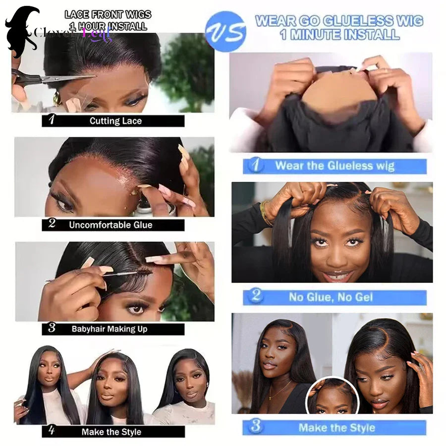 Peluca sin pegamento de 24 pulgadas de cabello humano, lista para usar, liso, 4x4, pre-cortado, sin pegamento, pre-arrancado, parte superior, pelucas brasileñas para mujeres