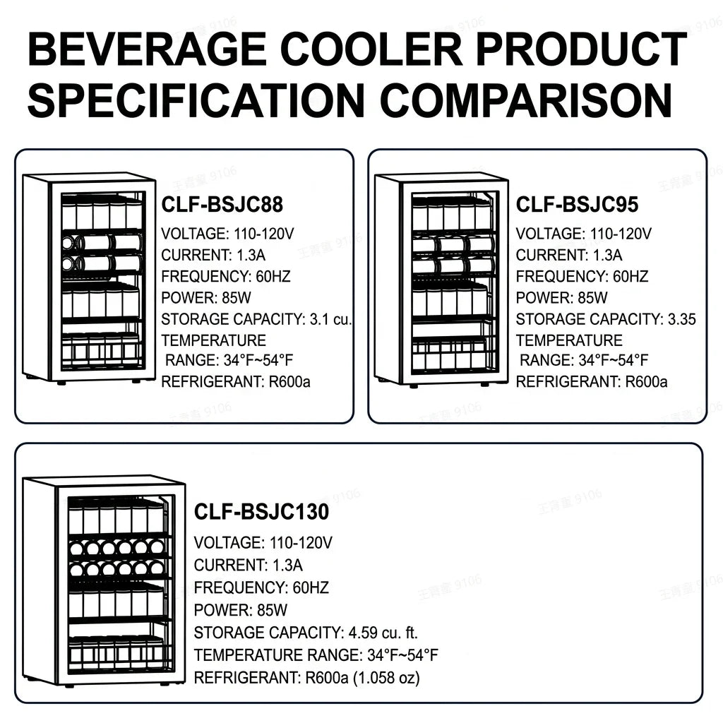 beverage cooler 3.1/3.35/4.59 cu.ft 88/95/130L Single temperature zone Direct cooling beverage/beer refrigerator Built in LED ambient-lighting light Perfect for kitchen/living room/office area/bar counter and other occasions