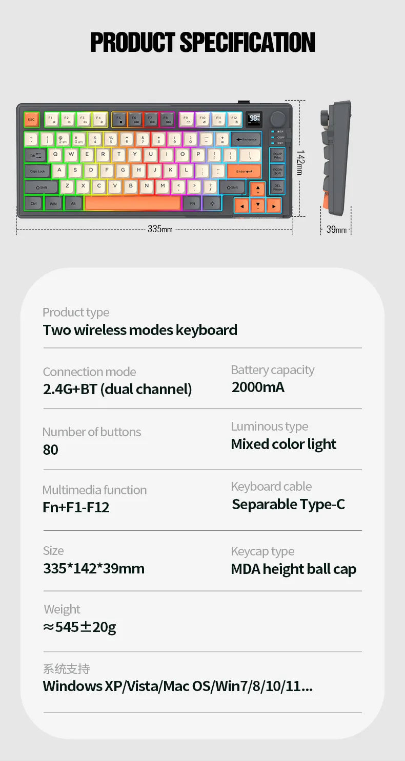 Wireless Keyboard 80 Key 80% Layout Spanish Russian Arabic Korean Keyboard Mouse Set Bluetooth 2.4G 2000mAh Type C K92 Backlight