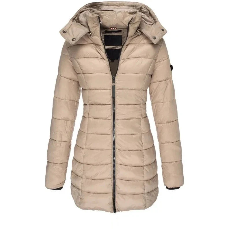 Winter Thicken Warm Women Parkas Zippers Solid Overcoat Casual Long Sleeve Padded Puffer Jacket Female Mid-length Slim Coat Top