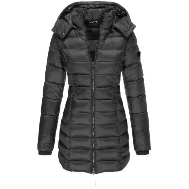 Winter Thicken Warm Women Parkas Zippers Solid Overcoat Casual Long Sleeve Padded Puffer Jacket Female Mid-length Slim Coat Top