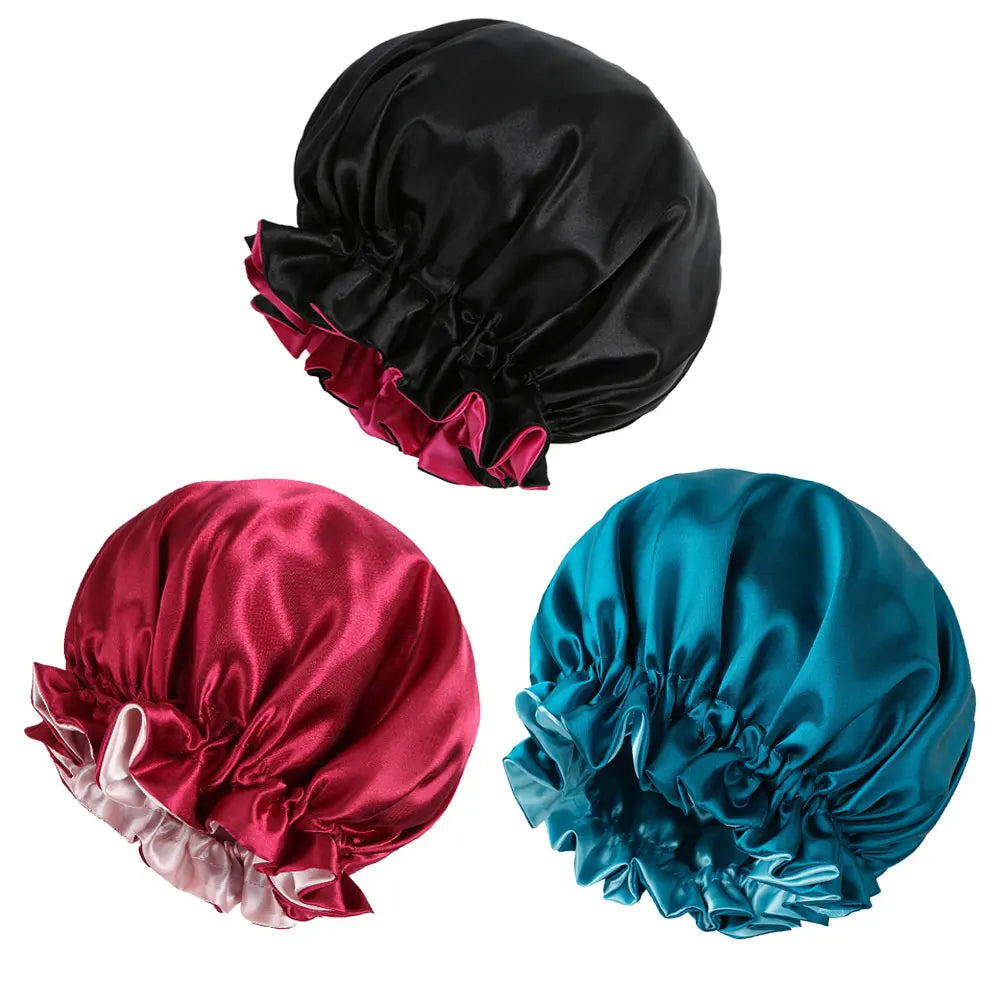 3pcs Reversible Elegant Satin Sleep Bonnets with Ruffled Design, Double Layer Sleeping Caps, Elastic Band, Soft Hair Bonnets for