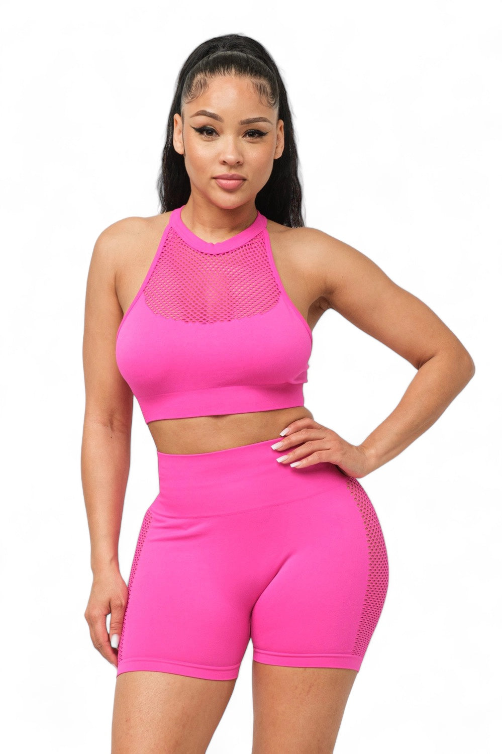 Conjunto de top halter y shorts con contraste de rejilla delantera