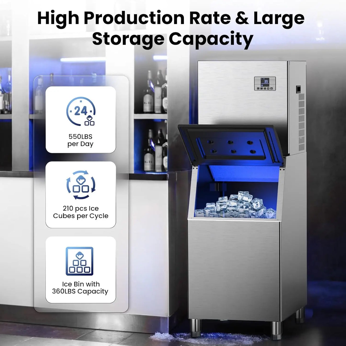 Commercial 550Lbs/24H Ice Maker Machine,Ice Ready in 5-15 min,360Lbs Large Storage,1033W Stainless Steel Electric Nugget Ice Mac