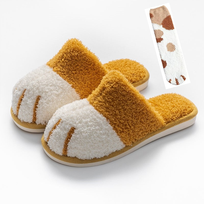 Zapatillas de invierno cálidas con piel para mujer, bonitas zapatillas de dormitorio con diseño de pata de gato, zapatos de felpa cálidos, antideslizantes para interior, zapatillas peludas para mujer