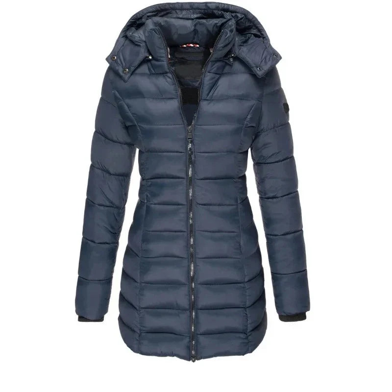 Winter Thicken Warm Women Parkas Zippers Solid Overcoat Casual Long Sleeve Padded Puffer Jacket Female Mid-length Slim Coat Top