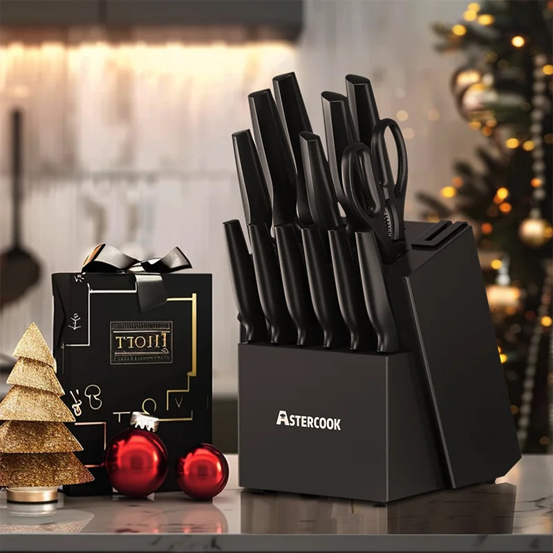 15-Piece Kitchen Knife Set with Block & Built-in Sharpener – Dishwasher Safe German Stainless Steel Knives