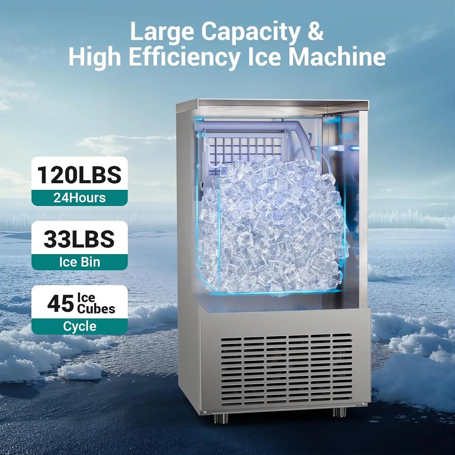 Commercial Ice Maker Machine 120 Lbs/24H Under Counter, Stainless Steel Freestanding Ice Machine, 45 Ice Cubes in 8-15 Minutes
