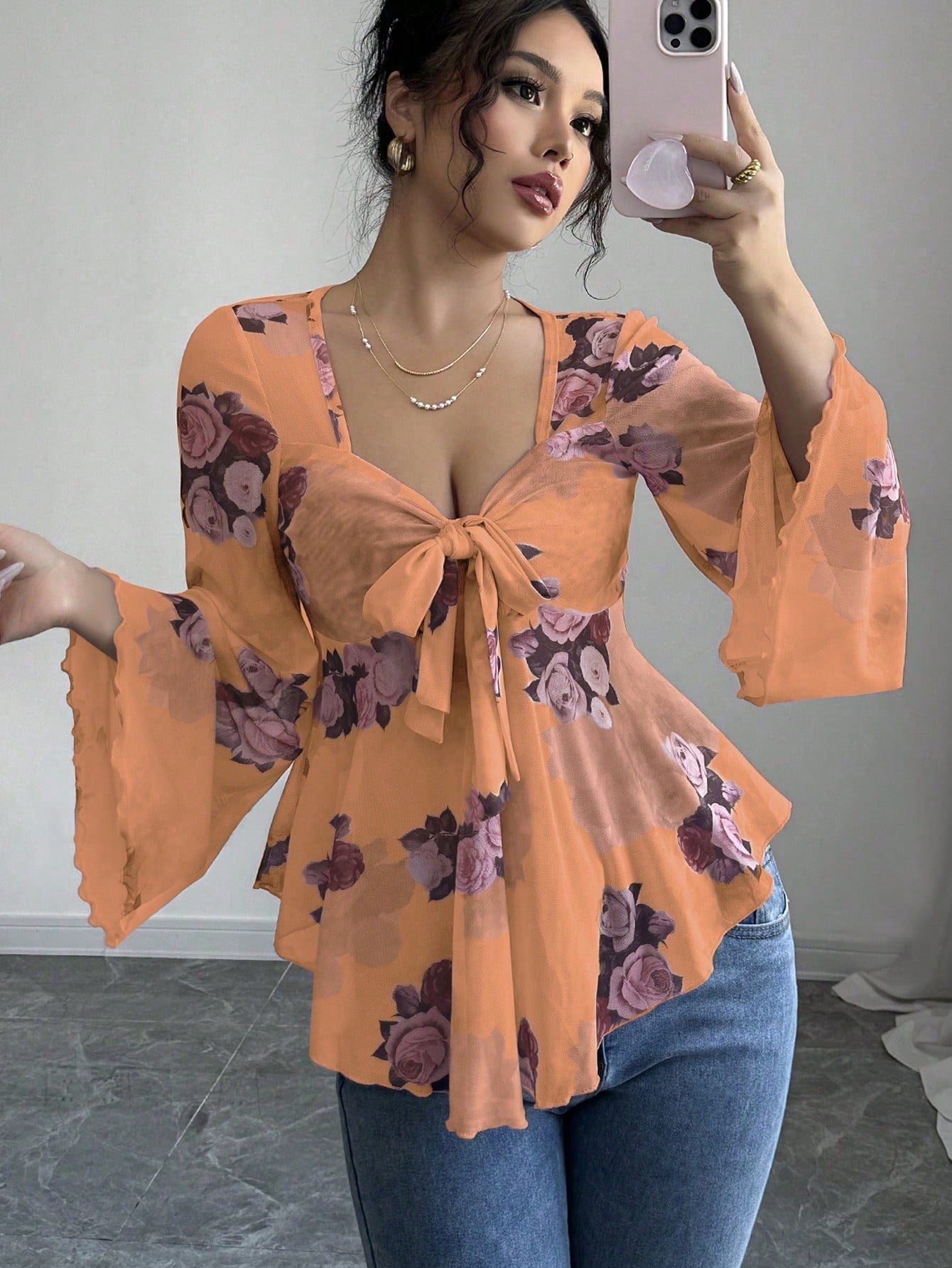 Floral Ombré Tie-Back Square Neck Long Sleeve Blouse – Sweet Style
