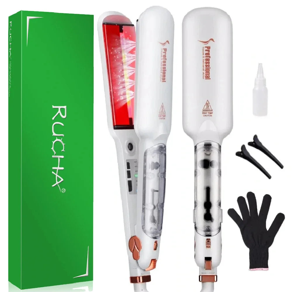 RUCHA Infrared Steam Hair Straightener 2 Inches Wide Plate Hair Salon Steampod Ironing Styler Ceramic Tourmaline Flat Iron