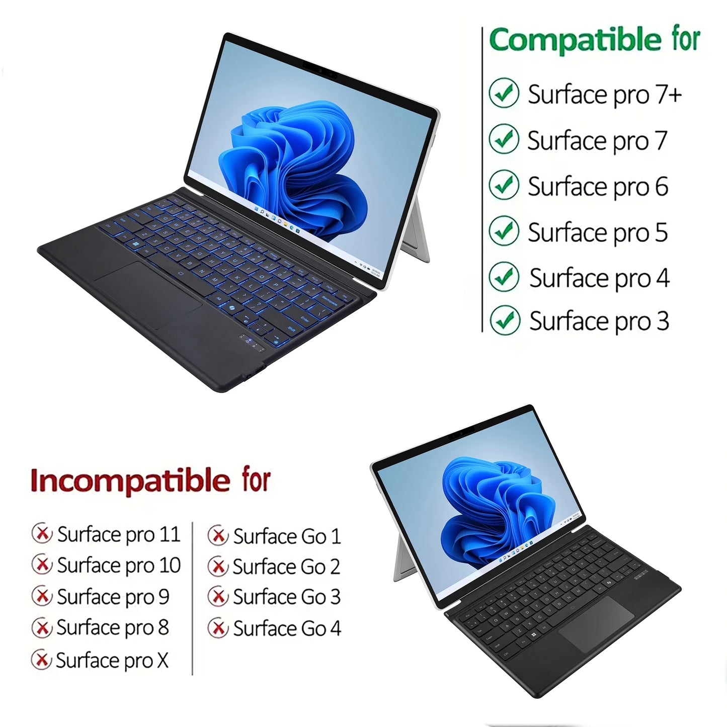 Bluetooth Keyboard with Touchpad for Surface Pro 3/4/5/6/7, Ultra-Slim Magnetic Stand Cover with Quiet Scissor Switch Keys and Rechargeable Battery