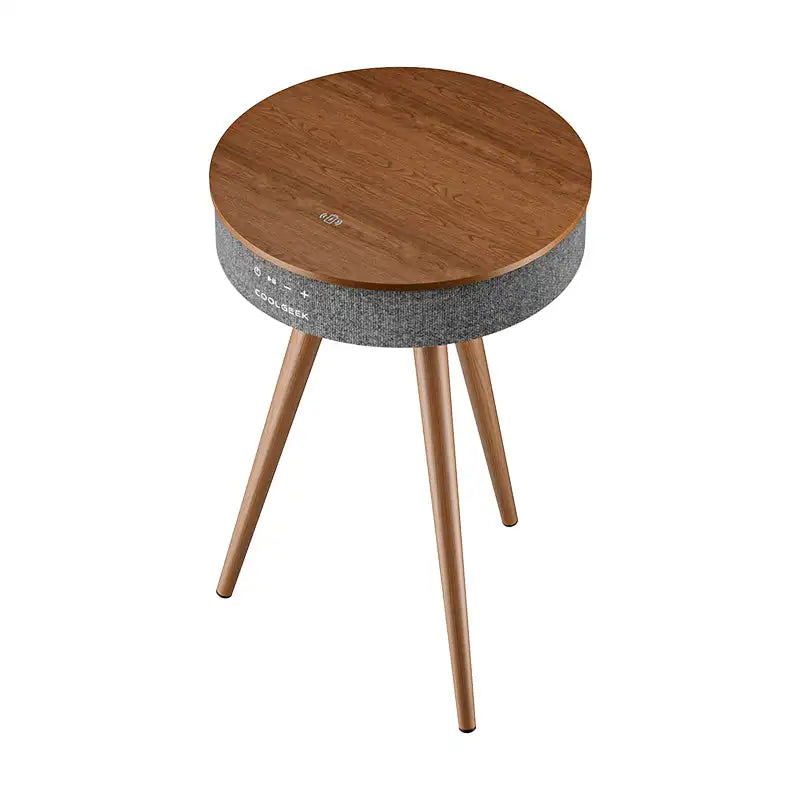CoolGeek R1 Bluetooth Speaker Side Table with Wireless Charging, Natural Wood Smart Nightstand, 5.3 Bluetooth HiFi Stereo Sound,