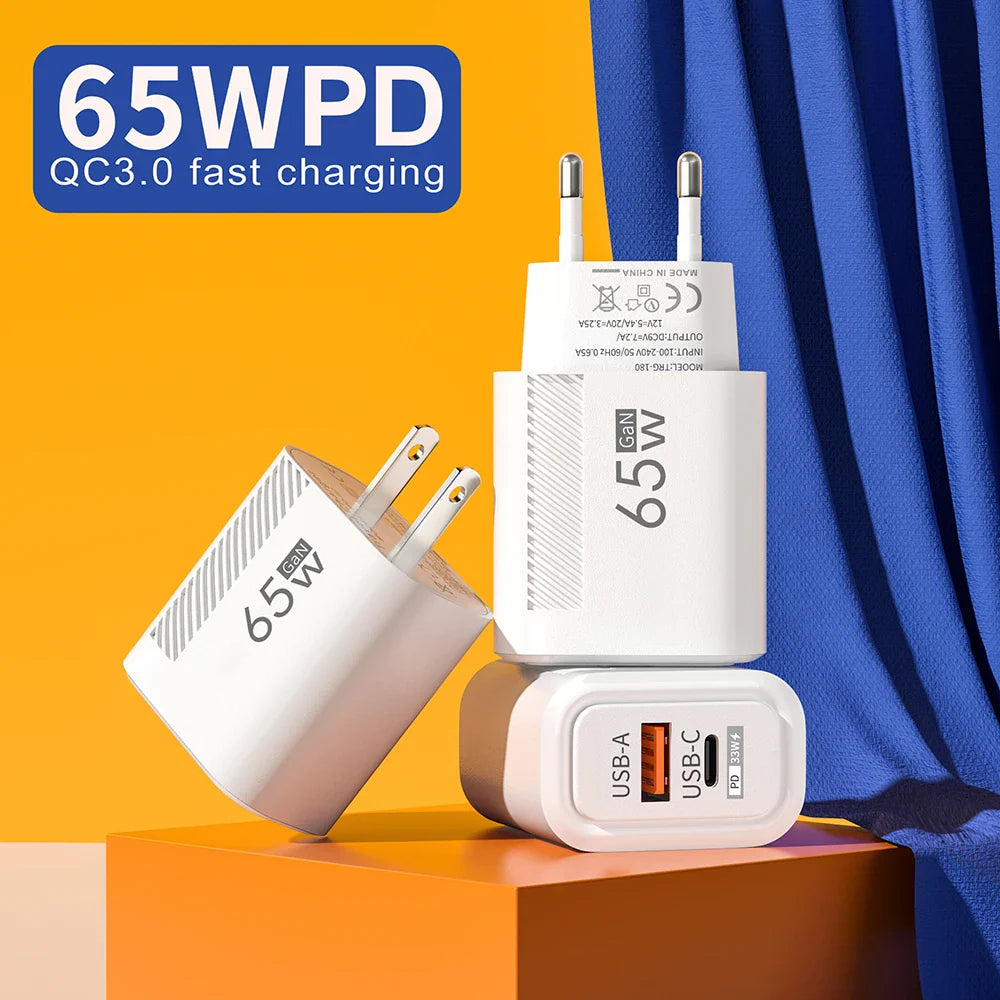 USB C Charger Total 65W Fast Charge Charger PD TypeC Quick Charge 3.0 Wall Power Adapter for iphone Xiaomi Samsung Phone Charger