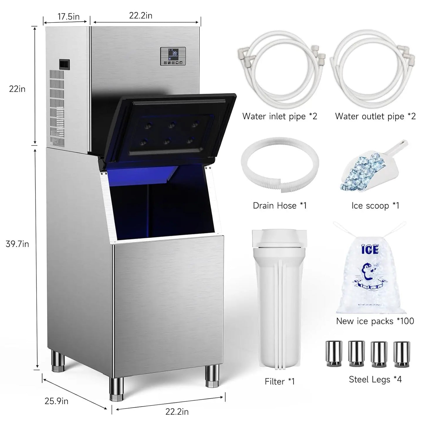 Commercial 550Lbs/24H Ice Maker Machine,Ice Ready in 5-15 min,360Lbs Large Storage,1033W Stainless Steel Electric Nugget Ice Mac